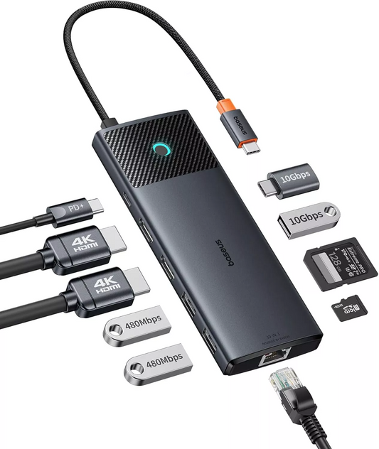 Hub USB-C Baseus Dual Display, 1 x USB-A 3.0 - 2 x USB-A - 2 x USB-C - 2 x HDMI - 1 x RJ45 - 1 x SD - 1 x microSD, Černý B00061800123-01