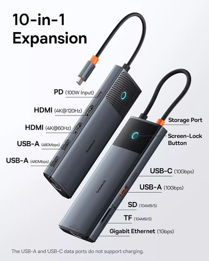 Hub USB-C Baseus Dual Display, 1 x USB-A 3.0 - 2 x USB-A - 2 x USB-C - 2 x HDMI - 1 x RJ45 - 1 x SD - 1 x microSD, Černý B00061800123-01