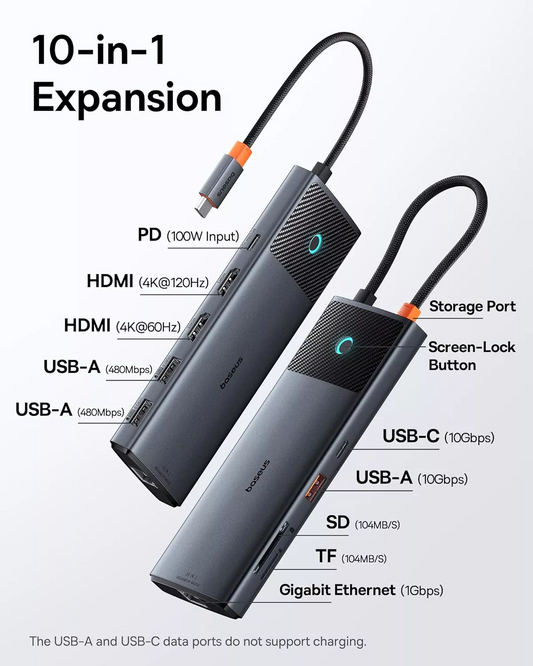 Hub USB-C Baseus Dual Display, 1 x USB-A 3.0 - 2 x USB-A - 2 x USB-C - 2 x HDMI - 1 x RJ45 - 1 x SD - 1 x microSD, Černý B00061800123-01