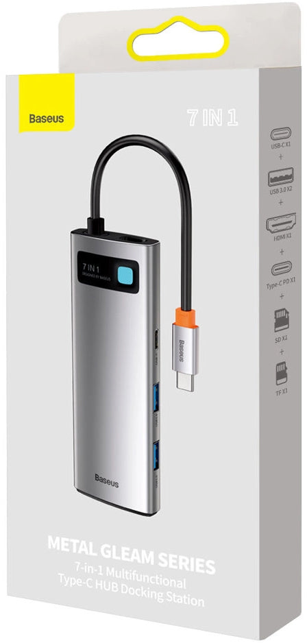 Hub USB-C Baseus Metal Gleam, 2 x USB-A 3.0 - 2 x USB-C - 1 x HDMI - 1 x SD - 1 x microSD, Šedý WKWG020113