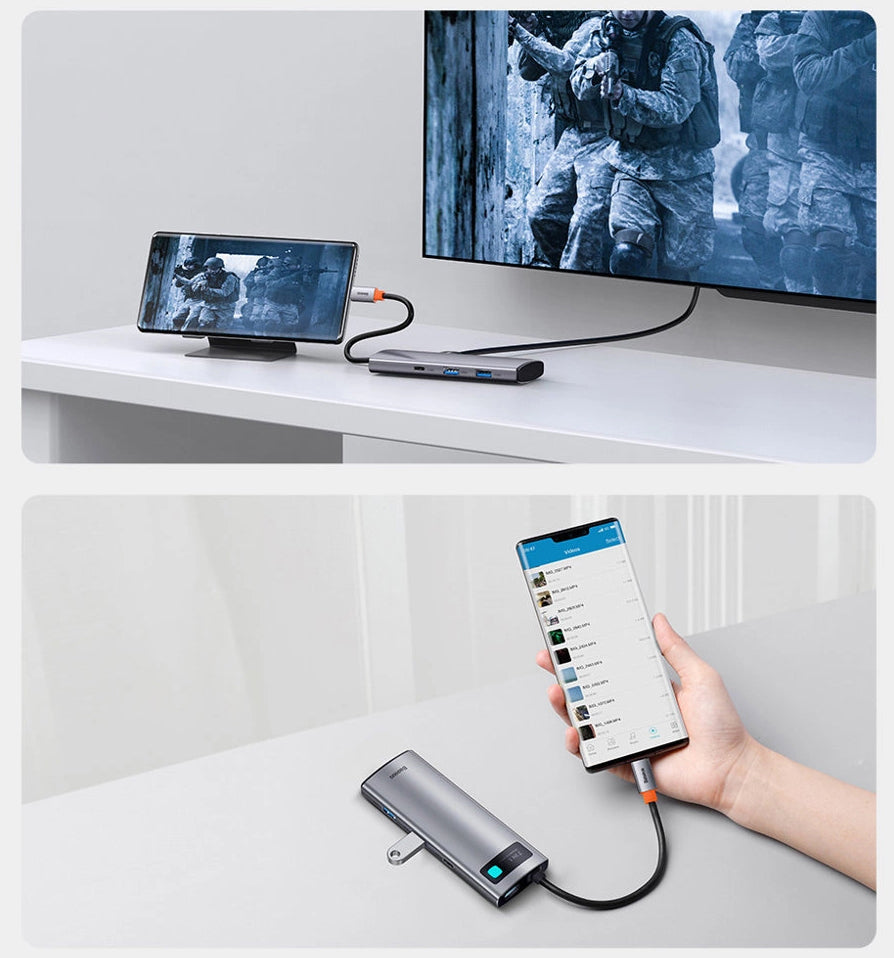 Hub USB-C Baseus Metal Gleam, 2 x USB-A 3.0 - 2 x USB-C - 1 x HDMI - 1 x SD - 1 x microSD, Šedý WKWG020113
