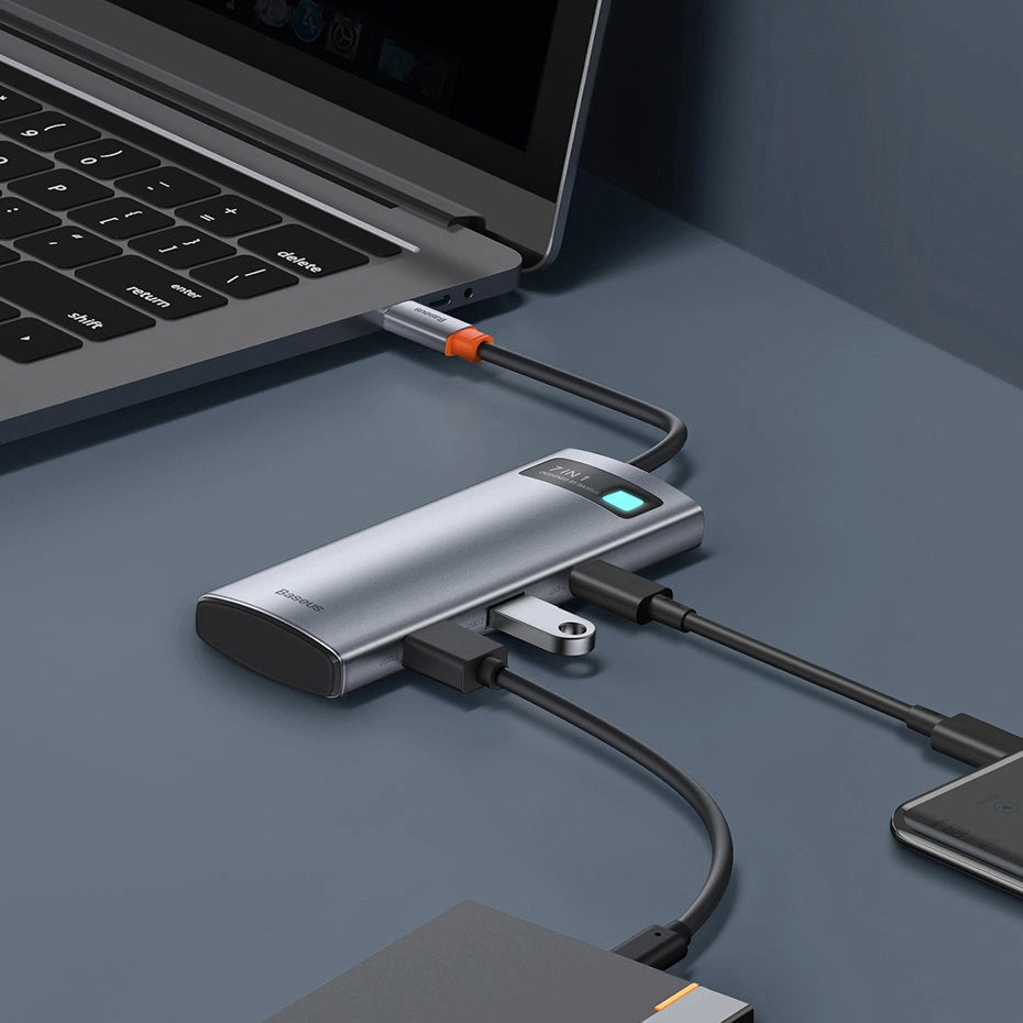 Hub USB-C Baseus Metal Gleam, 2 x USB-A 3.0 - 2 x USB-C - 1 x HDMI - 1 x SD - 1 x microSD, Šedý WKWG020113