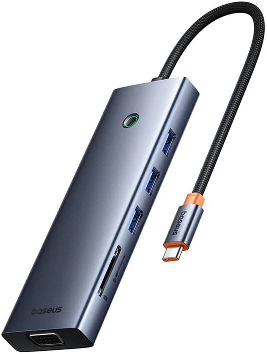 USB-C hub Baseus UltraJoy, 3 x USB-A 3.0 - 1 x USB-C - 1 x HDMI - 1 x VGA - 1 x Jack 3,5 mm - 1 x RJ45 - 1 x SD - 1 x microSD, Šedá B0005280C811-00