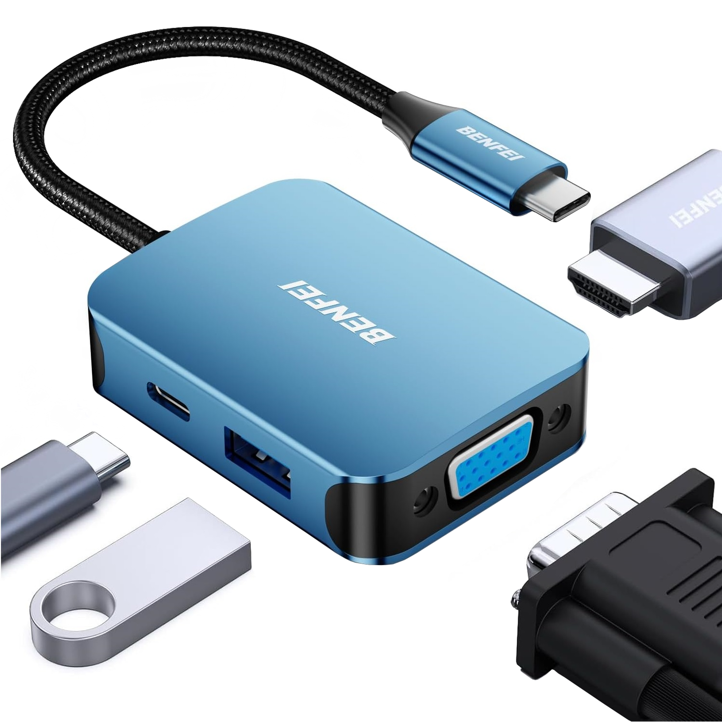 USB-C rozbočovač Benfei, 1 x USB-A 3.0 - 1 x USB-C - 1 x HDMI - 1 x VGA, Modrý