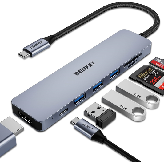 USB-C rozbočovač Benfei, 3 x USB-A 3.0 - 1 x USB-C - 1 x HDMI - 1 x SD - 1 x microSD, Šedý