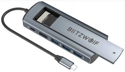 Hub USB-C BlitzWolf BW-Neo TH13, 3 x USB-A 3.0 - 1 x USB-C - 1 x Display Port - 1 x SSD rozhraní, Šedá