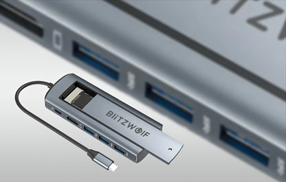 Hub USB-C BlitzWolf BW-Neo TH13, 3 x USB-A 3.0 - 1 x USB-C - 1 x Display Port - 1 x SSD rozhraní, Šedá