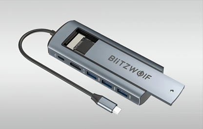 Hub USB-C BlitzWolf BW-Neo TH13, 3 x USB-A 3.0 - 1 x USB-C - 1 x Display Port - 1 x SSD rozhraní, Šedá