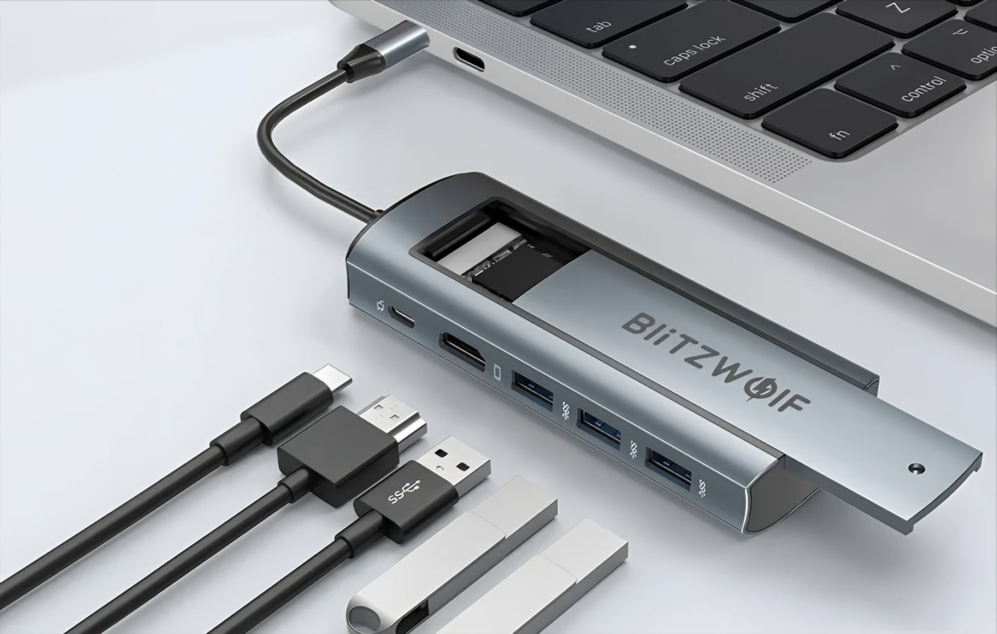 Hub USB-C BlitzWolf BW-Neo TH13, 3 x USB-A 3.0 - 1 x USB-C - 1 x Display Port - 1 x SSD rozhraní, Šedá