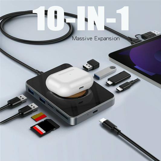 USB-C hub s bezdrátovým nabíjením QI OEM YC7209, 10v1, šedý