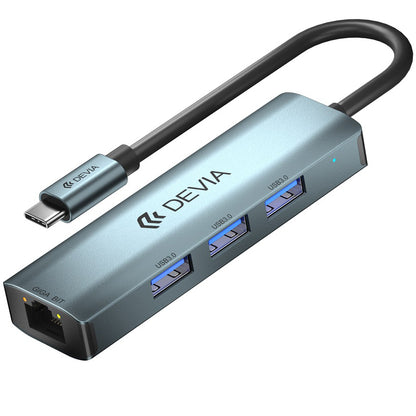 Hub USB-C DEVIA EC621, 3 x USB-A 3.0 - 1 x RJ45, šedý