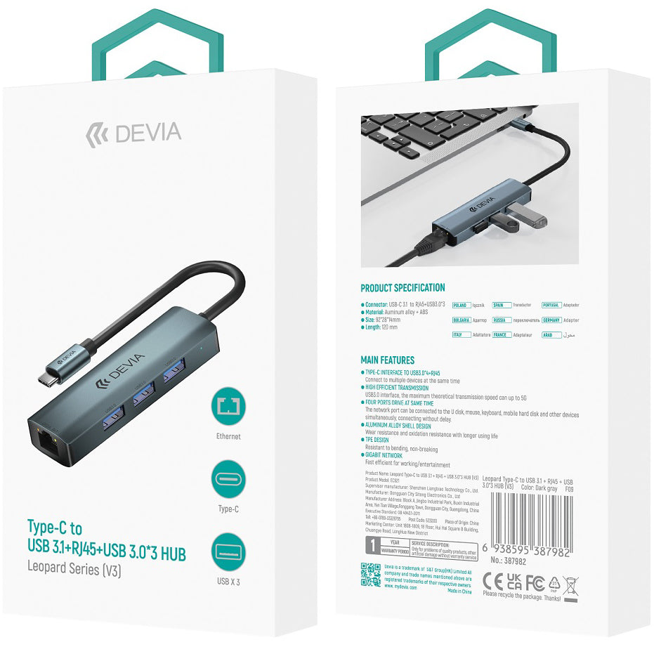 Hub USB-C DEVIA EC621, 3 x USB-A 3.0 - 1 x RJ45, šedý