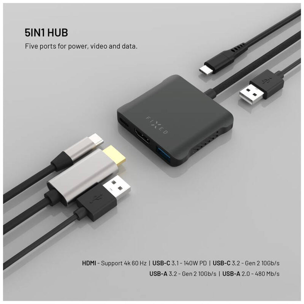Hub USB-C Fixed Quadri, 5v1, Černý