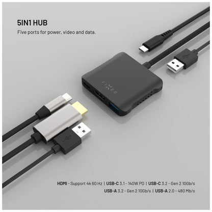 Hub USB-C Fixed Quadri, 5v1, Černý