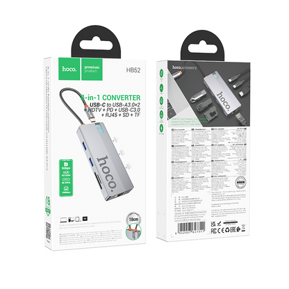 USB-C Hub HOCO HB52, 2 x USB-A 3.0 - 2 x USB-C - 1 x HDMI - 1 x RJ45 - 1 x SD - 1 x microSD, Šedý
