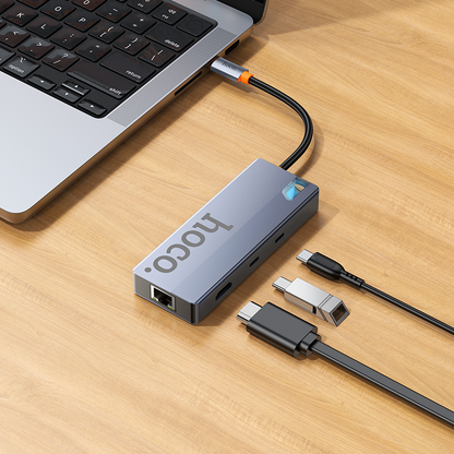 USB-C Hub HOCO HB52, 2 x USB-A 3.0 - 2 x USB-C - 1 x HDMI - 1 x RJ45 - 1 x SD - 1 x microSD, Šedý