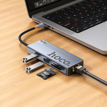 USB-C Hub HOCO HB52, 2 x USB-A 3.0 - 2 x USB-C - 1 x HDMI - 1 x RJ45 - 1 x SD - 1 x microSD, Šedý