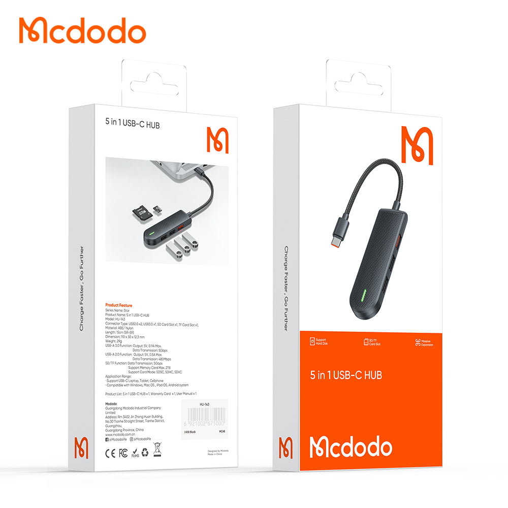 Hub USB-C McDodo HU-1430 Star, 5v1, Černý