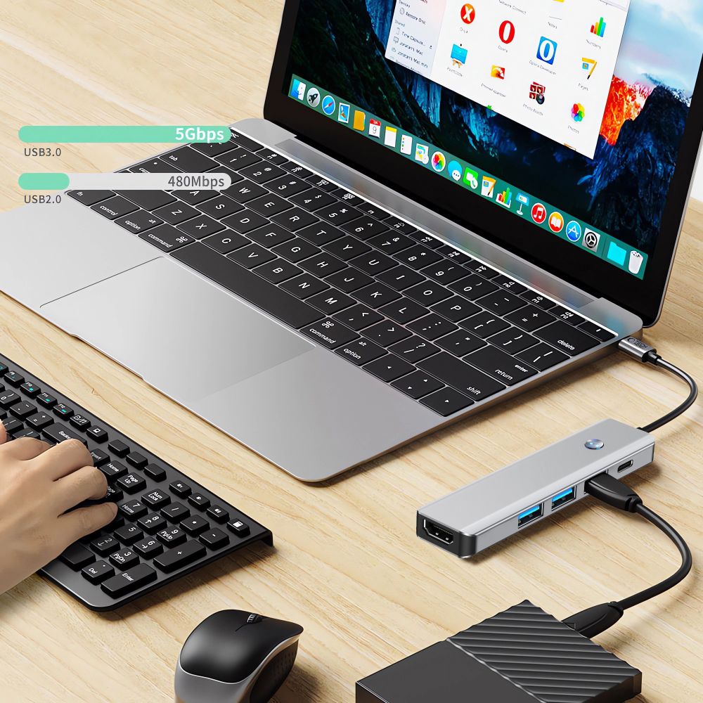 Hub USB-C Tech-Protect HB01, 1 x USB-A 3.0 - 2 x USB-A - 1 x USB-C - 1 x HDMI, Šedý