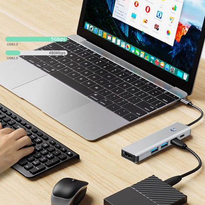 Hub USB-C Tech-Protect HB01, 1 x USB-A 3.0 - 2 x USB-A - 1 x USB-C - 1 x HDMI, Šedý