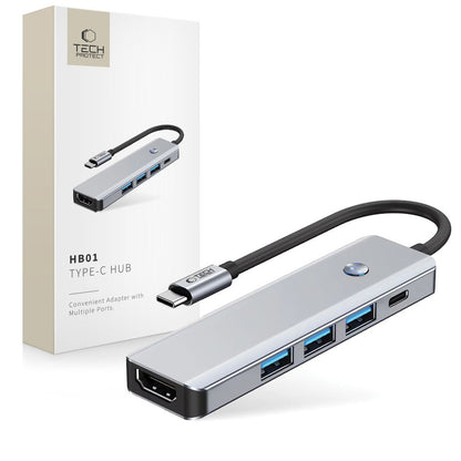 Hub USB-C Tech-Protect HB01, 1 x USB-A 3.0 - 2 x USB-A - 1 x USB-C - 1 x HDMI, Šedý
