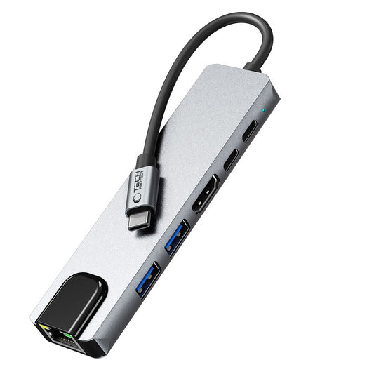 Hub USB-C Tech-Protect HB02, 1 x USB-A 3.0 - 1 x USB-A - 2 x USB-C - 1 x HDMI - 1 x RJ45, Šedý