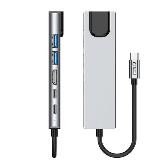 Hub USB-C Tech-Protect HB02, 1 x USB-A 3.0 - 1 x USB-A - 2 x USB-C - 1 x HDMI - 1 x RJ45, Šedý