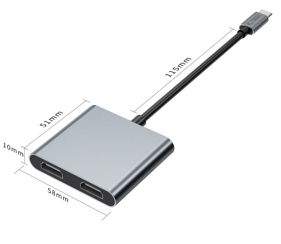 Hub USB-C Tech-Protect HB08, 1 x USB-A - 1 x USB-C - 2 x HDMI, Šedý