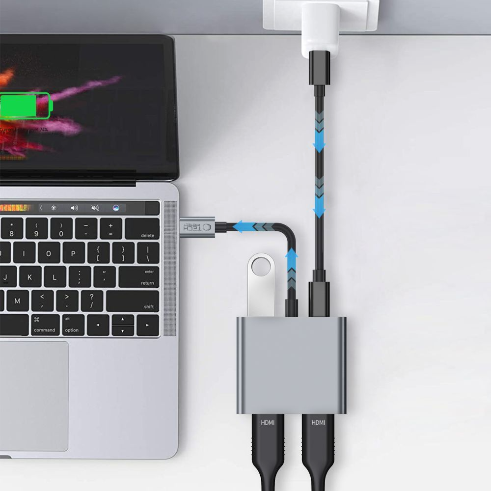 Hub USB-C Tech-Protect HB08, 1 x USB-A - 1 x USB-C - 2 x HDMI, Šedý