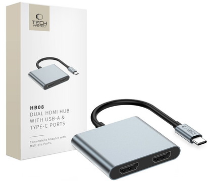 Hub USB-C Tech-Protect HB08, 1 x USB-A - 1 x USB-C - 2 x HDMI, Šedý