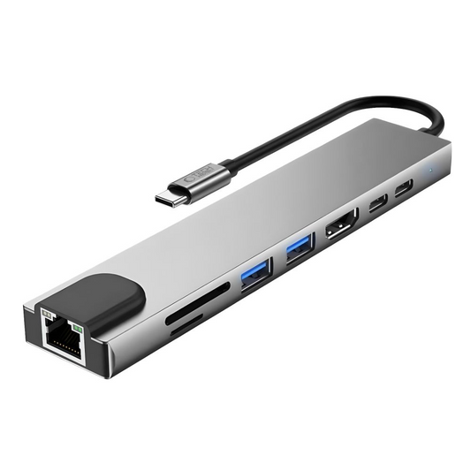 USB-C Hub Tech-Protect HB09, 2 x USB-A 3.0 - 2 x USB-C - 1 x HDMI - 1 x RJ45 - 1 x SD - 1 x microSD, Šedý