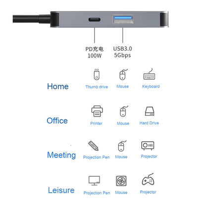 Hub USB-C Techsuit H4 TurboChargeX, 3v1, Šedý