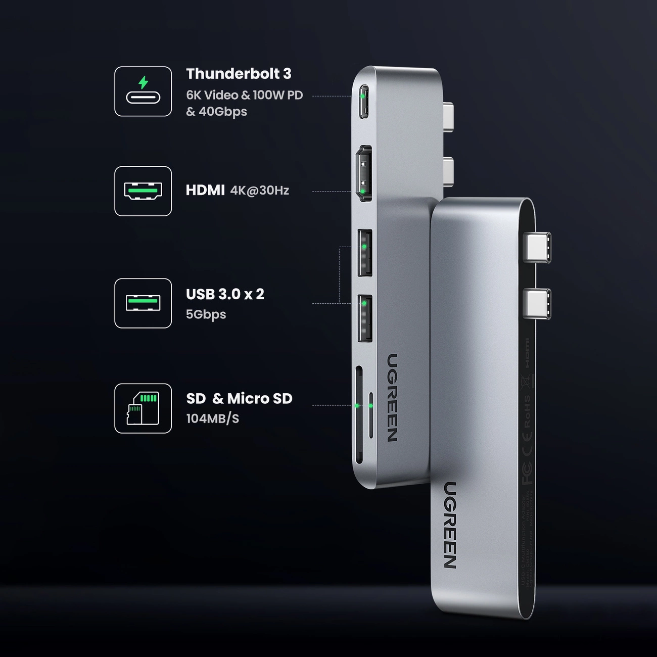USB-C hub UGREEN CM380 (80856) pro Apple MacBook Pro / Air Series, 2 x USB-A 3.0 - 1 x USB-C - 1 x HDMI - 1 x SD - 1 x microSD