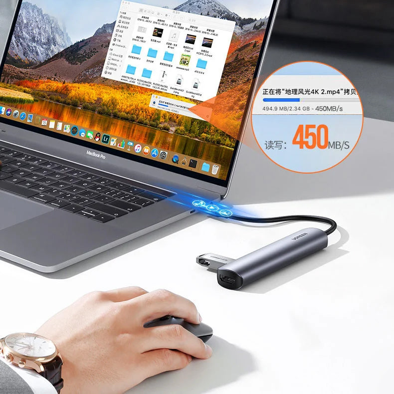 Hub USB-C UGREEN CM417, 4 x USB-A 3.2 - 1 x HDMI, šedý
