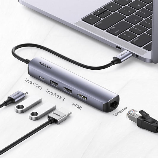 Hub USB-C UGREEN CM418 (10919), 2 x USB-A 3.0 - 1 x USB-C - 1 x HDMI - 1 x RJ45, Šedý
