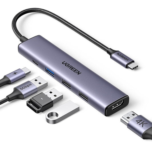 Hub USB-C UGREEN CM478, 1 x USB-A 3.0 - 2 x USB-A - 1 x USB-C - 1 x HDMI, šedý
