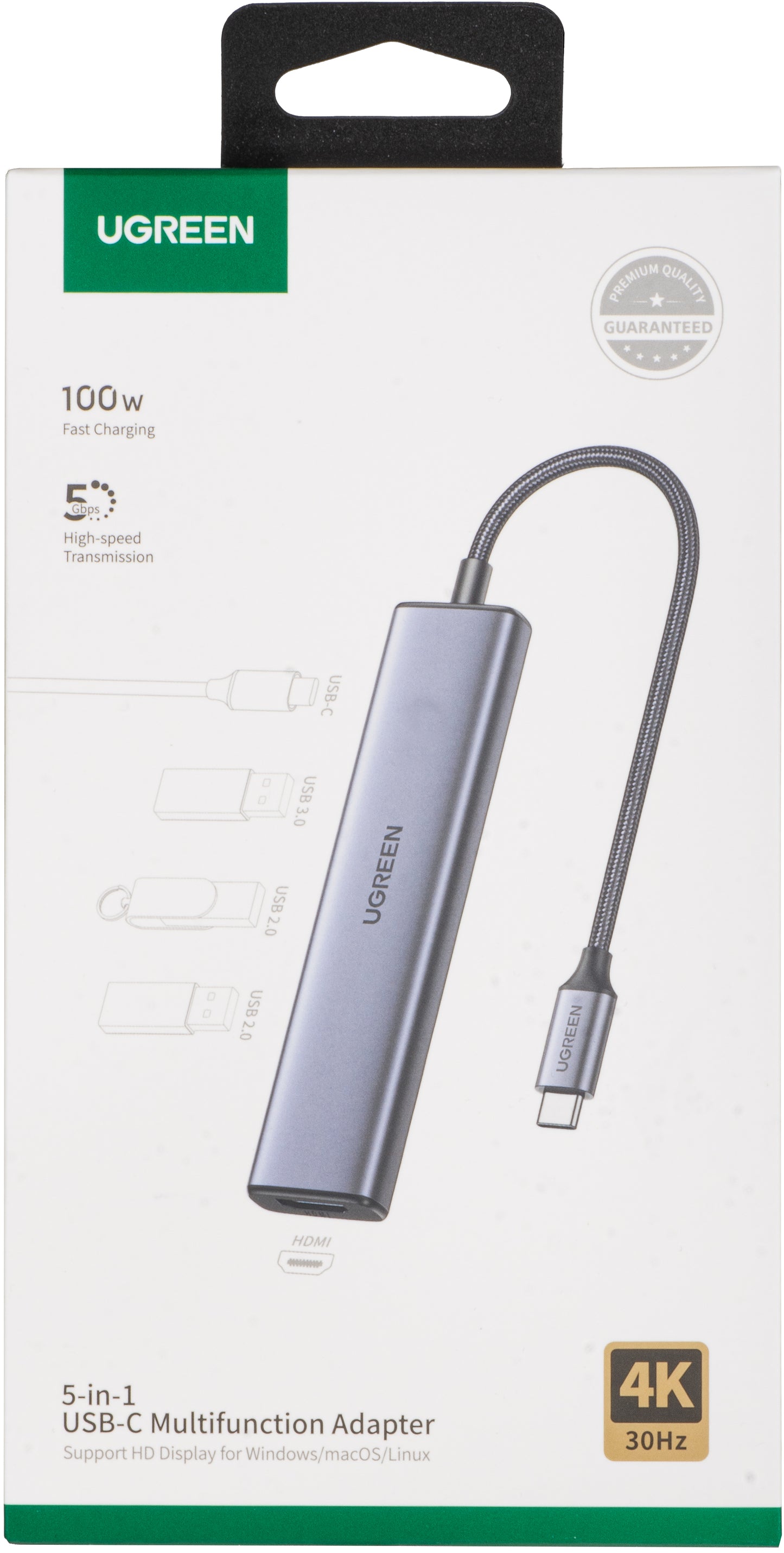 Hub USB-C UGREEN CM478, 1 x USB-A 3.0 - 2 x USB-A - 1 x USB-C - 1 x HDMI, šedý