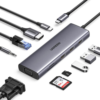 Hub USB-C UGREEN CM498 (15601), 3 x USB-A 3.0 - 1 x USB-C - 1 x HDMI - 1 x VGA - 1 x Jack 3.5mm - 1 x RJ45 - 1 x SD - 1 x microSD, Šedý