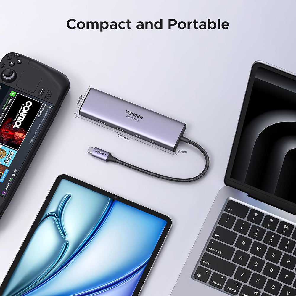USB-C hub UGREEN CM498 (15375), 2 x USB-A - 3 x USB-C - 1 x HDMI - 1 x RJ45 - 1 x SD - 1 x microSD, Šedý