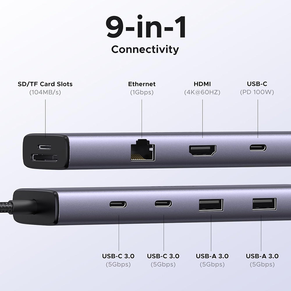 USB-C hub UGREEN CM498 (15375), 2 x USB-A - 3 x USB-C - 1 x HDMI - 1 x RJ45 - 1 x SD - 1 x microSD, Šedý