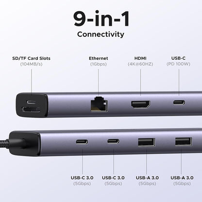 USB-C hub UGREEN CM498 (15375), 2 x USB-A - 3 x USB-C - 1 x HDMI - 1 x RJ45 - 1 x SD - 1 x microSD, Šedý