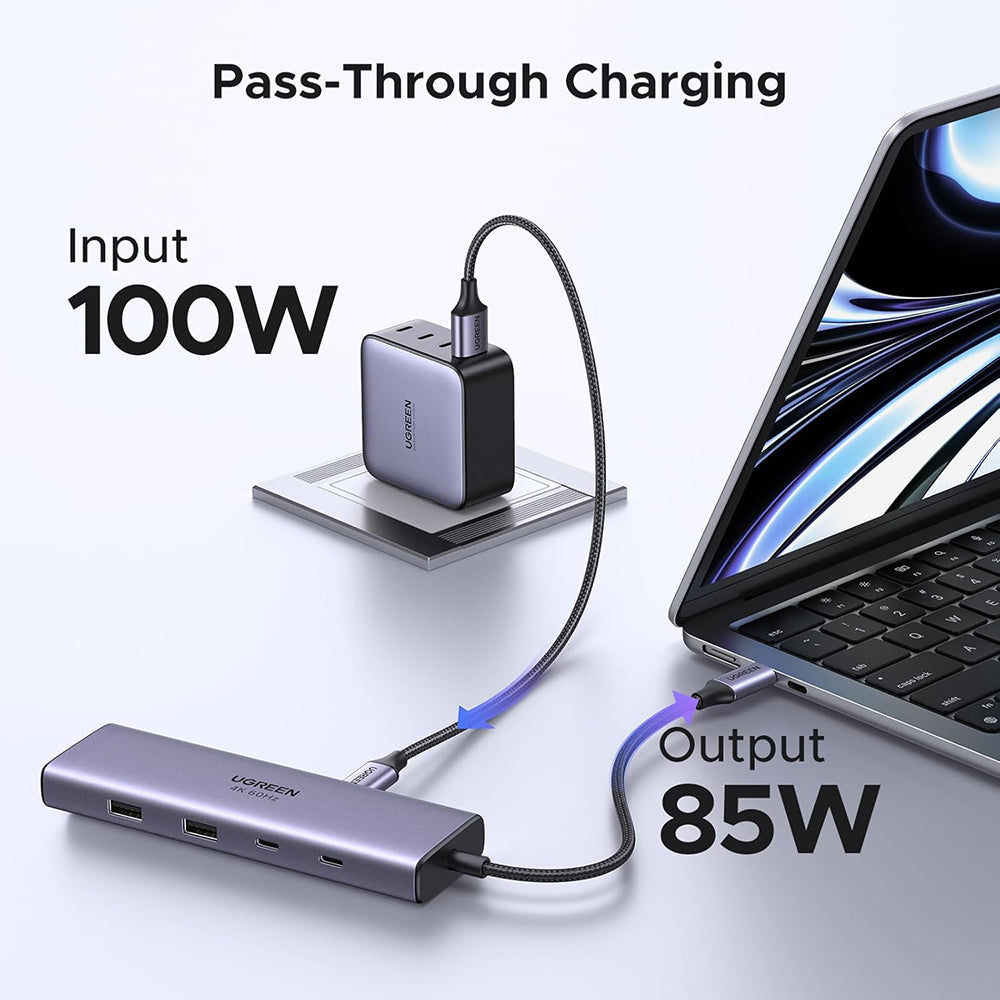 USB-C hub UGREEN CM498 (15375), 2 x USB-A - 3 x USB-C - 1 x HDMI - 1 x RJ45 - 1 x SD - 1 x microSD, Šedý
