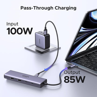 USB-C hub UGREEN CM498 (15375), 2 x USB-A - 3 x USB-C - 1 x HDMI - 1 x RJ45 - 1 x SD - 1 x microSD, Šedý
