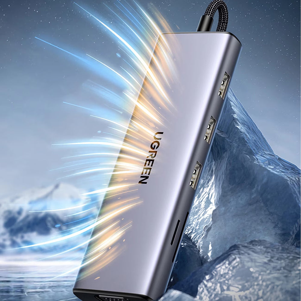 Hub USB-C UGREEN CM498 (15600), 3 x USB-A 3.0 - 1 x USB-C - 1 x HDMI - 1 x VGA - 1 x RJ45 - 1 x SD - 1 x microSD, Šedý