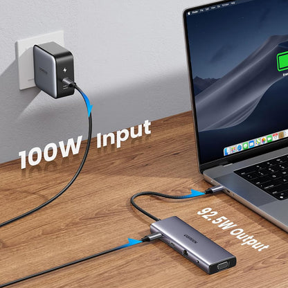 Hub USB-C UGREEN CM498 (15601), 3 x USB-A 3.0 - 1 x USB-C - 1 x HDMI - 1 x VGA - 1 x Jack 3.5mm - 1 x RJ45 - 1 x SD - 1 x microSD, Šedý