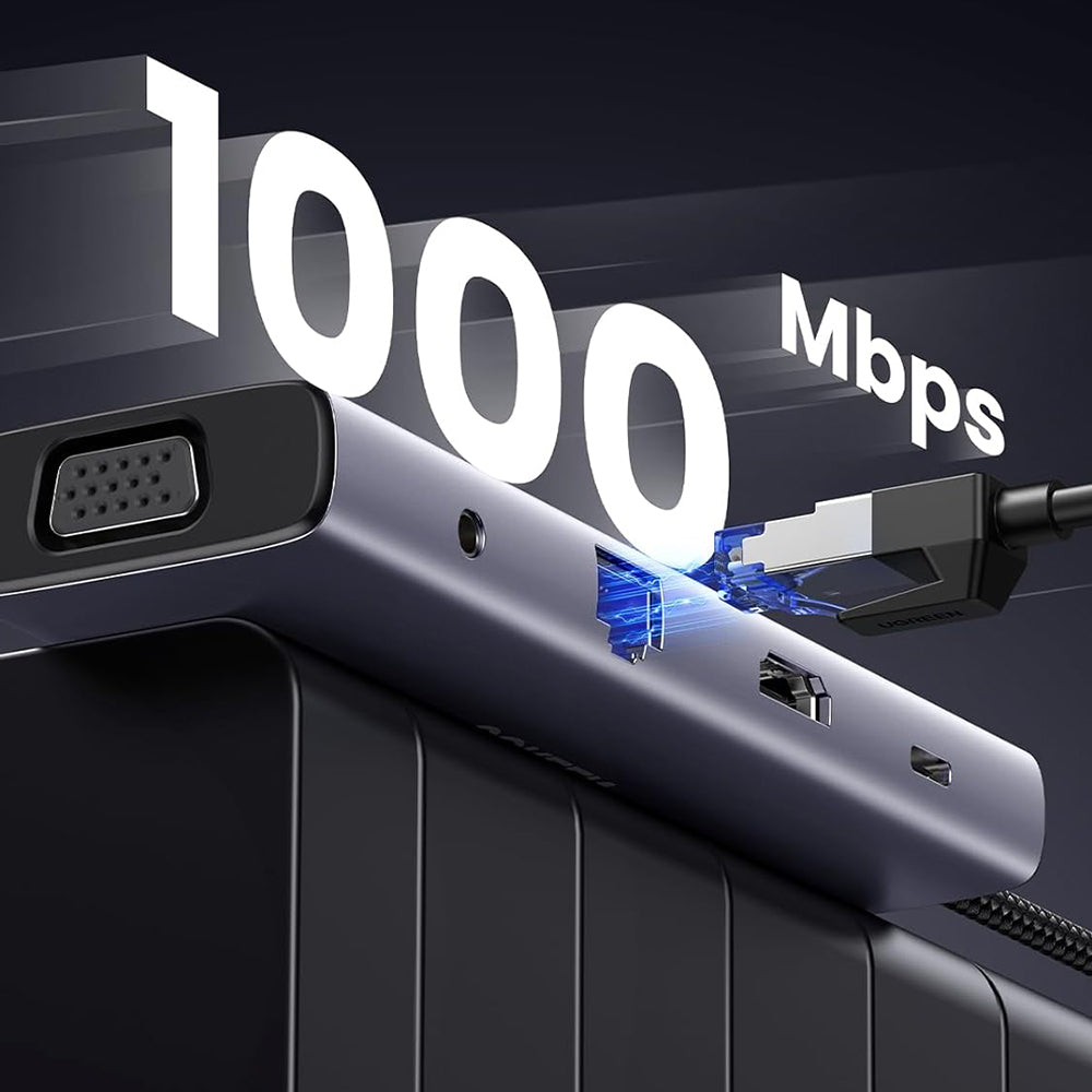Hub USB-C UGREEN CM498 (15601), 3 x USB-A 3.0 - 1 x USB-C - 1 x HDMI - 1 x VGA - 1 x Jack 3.5mm - 1 x RJ45 - 1 x SD - 1 x microSD, Šedý