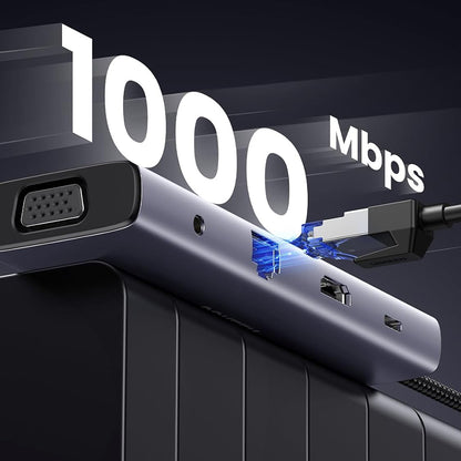 Hub USB-C UGREEN CM498 (15601), 3 x USB-A 3.0 - 1 x USB-C - 1 x HDMI - 1 x VGA - 1 x Jack 3.5mm - 1 x RJ45 - 1 x SD - 1 x microSD, Šedý