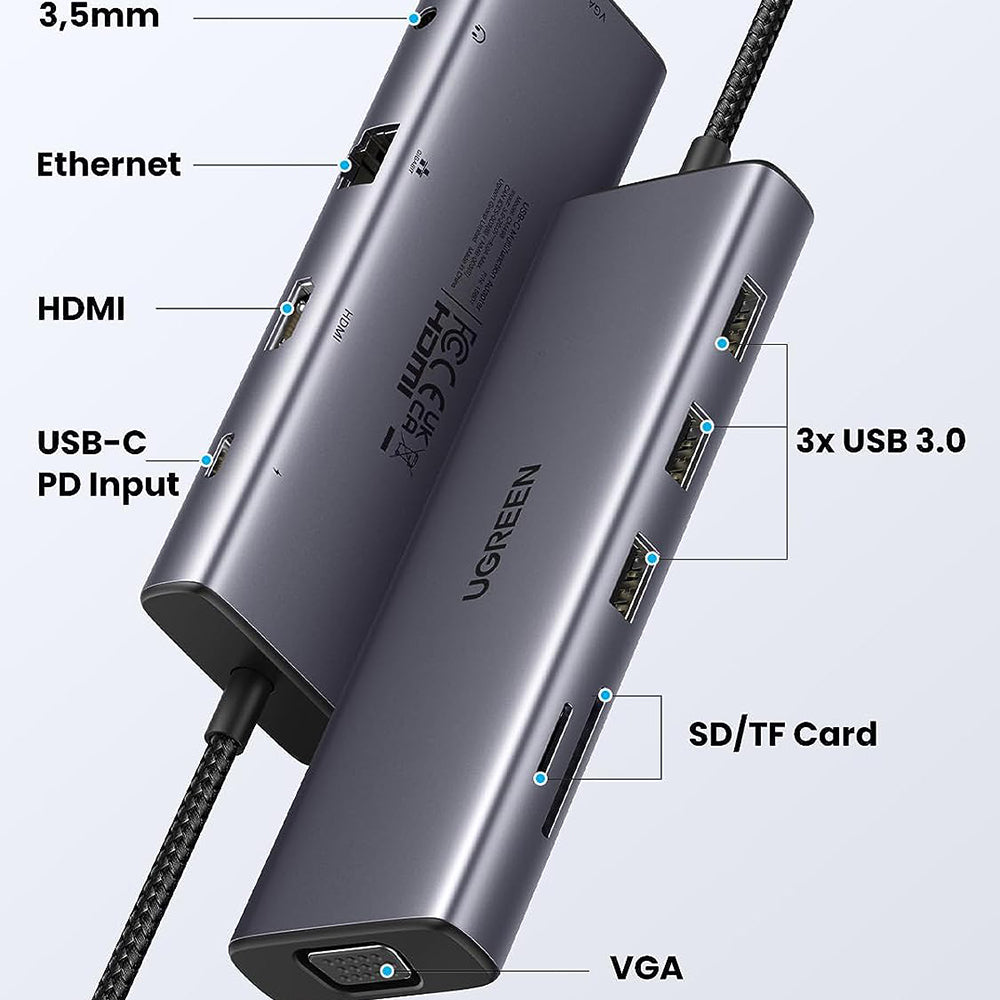 Hub USB-C UGREEN CM498 (15601), 3 x USB-A 3.0 - 1 x USB-C - 1 x HDMI - 1 x VGA - 1 x Jack 3.5mm - 1 x RJ45 - 1 x SD - 1 x microSD, Šedý
