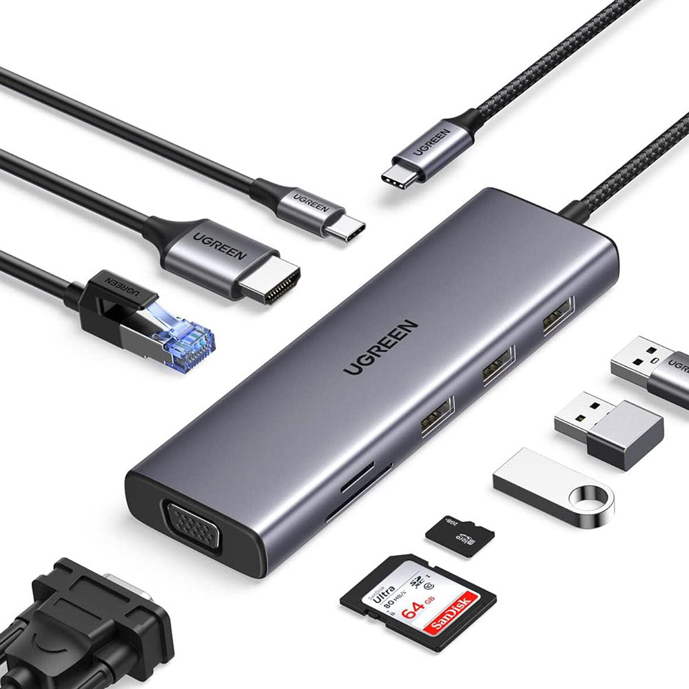 Hub USB-C UGREEN CM498 (15600), 3 x USB-A 3.0 - 1 x USB-C - 1 x HDMI - 1 x VGA - 1 x RJ45 - 1 x SD - 1 x microSD, Šedý