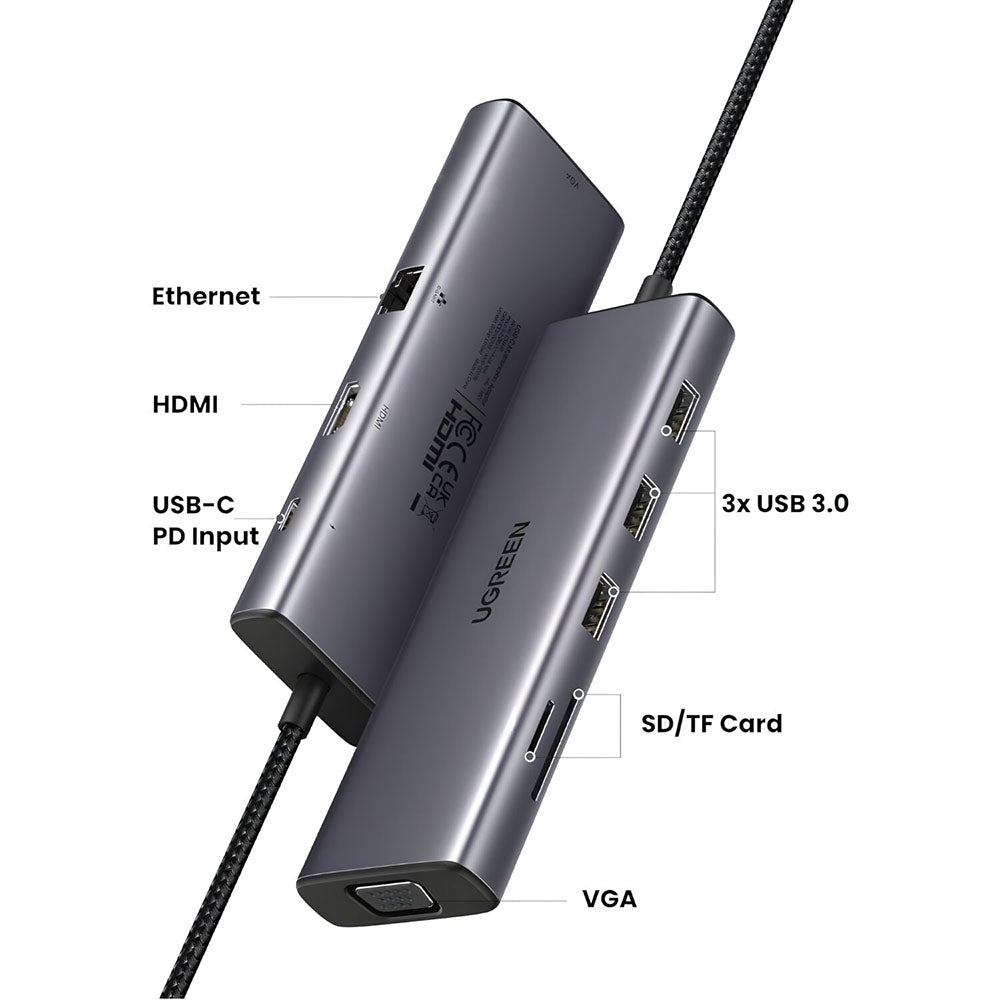 Hub USB-C UGREEN CM498 (15600), 3 x USB-A 3.0 - 1 x USB-C - 1 x HDMI - 1 x VGA - 1 x RJ45 - 1 x SD - 1 x microSD, Šedý
